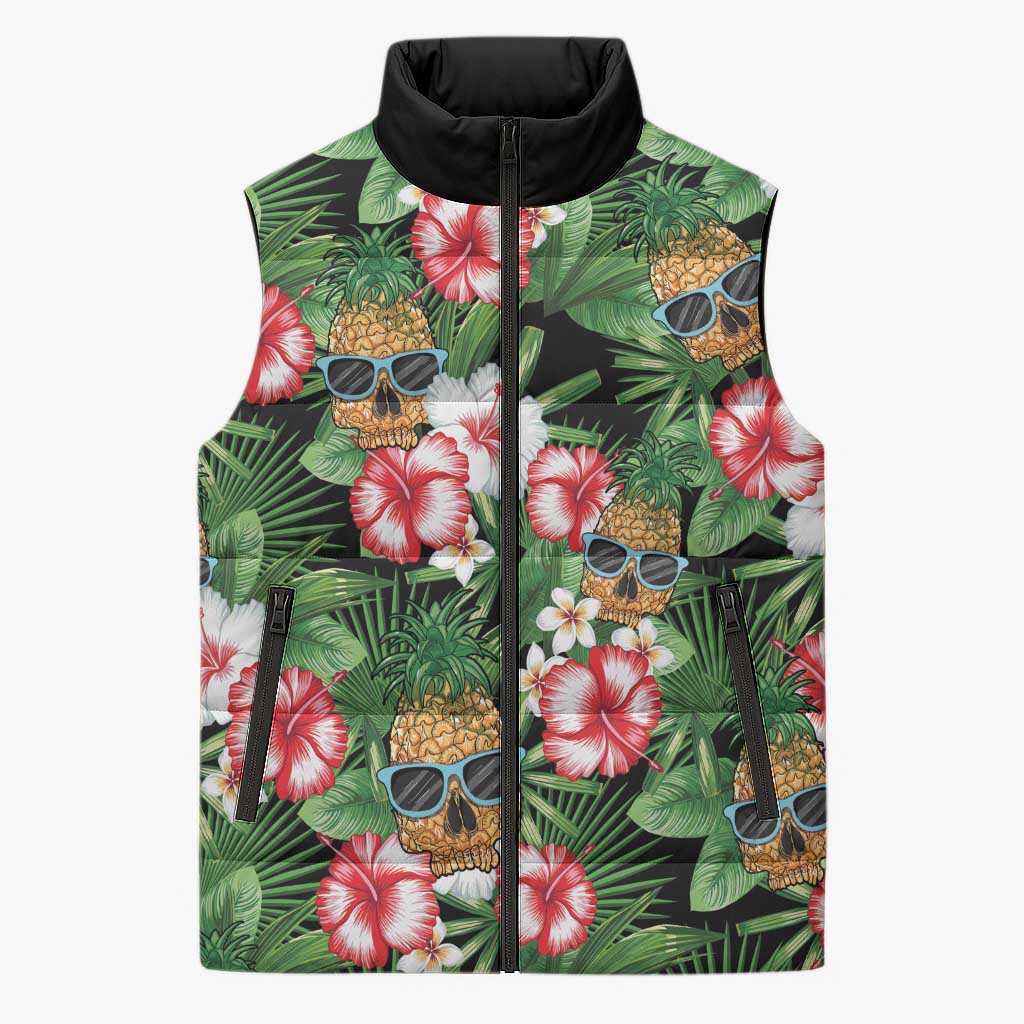 Pineapple Skull Aloha Hawaii Sleeveless Puffer Jacket Summer Vibes Tropical Seamless Pattern LT14 Unisex Black - Polynesian Pride