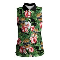 Pineapple Skull Aloha Hawaii Women Sleeveless Polo Shirt Summer Vibes Tropical Seamless Pattern LT14 Female Black - Polynesian Pride