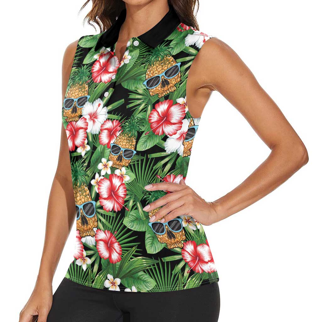 Pineapple Skull Aloha Hawaii Women Sleeveless Polo Shirt Summer Vibes Tropical Seamless Pattern LT14 - Polynesian Pride
