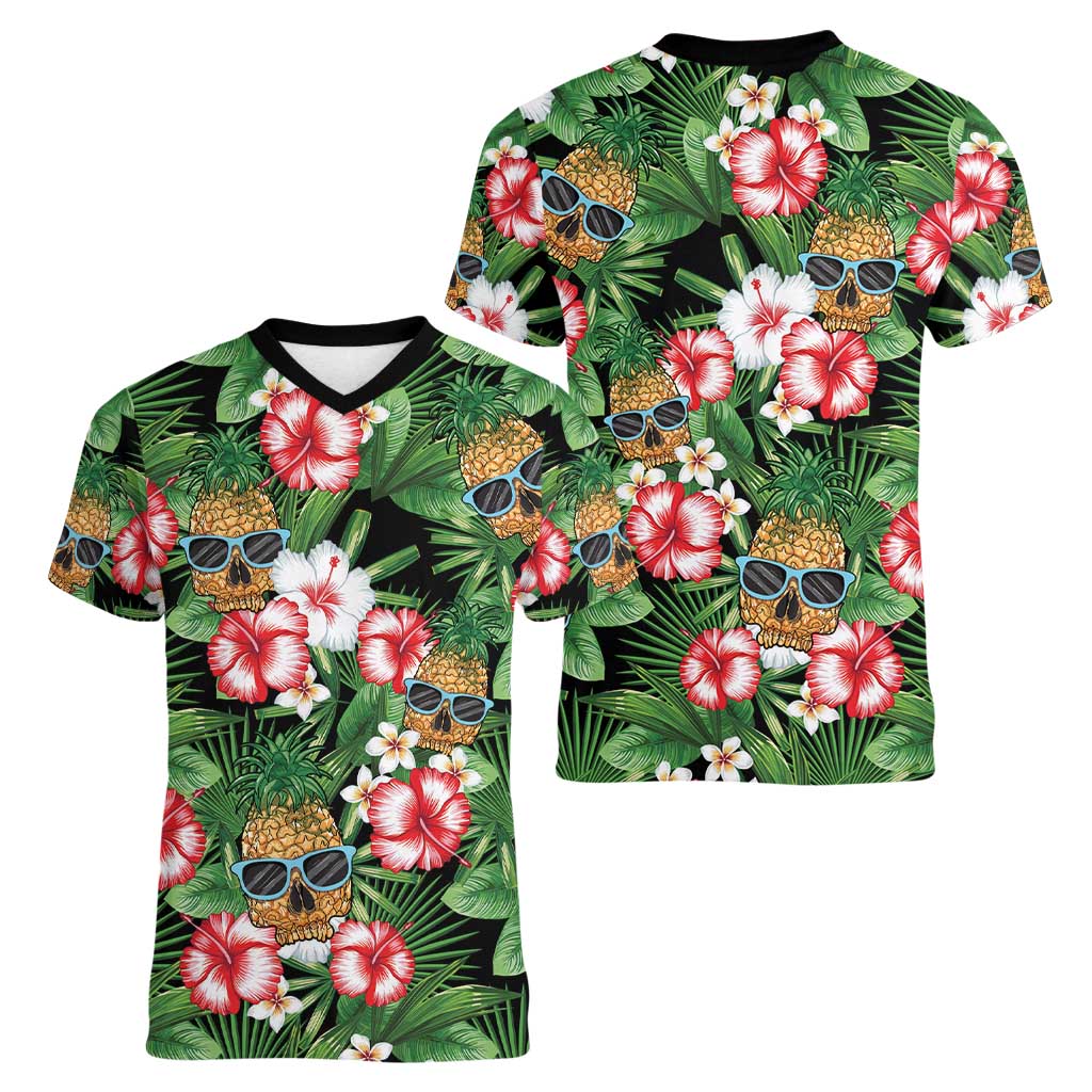 Pineapple Skull Aloha Hawaii Women V-Neck T-Shirt Summer Vibes Tropical Seamless Pattern - Polynesian Pride
