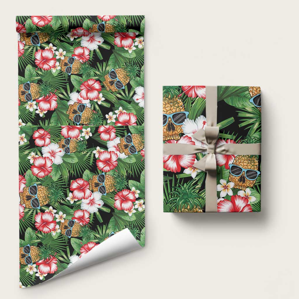 Pineapple Skull Aloha Hawaii Wrapping Paper Summer Vibes Tropical Seamless Pattern LT14 58" × 23" Black - Polynesian Pride