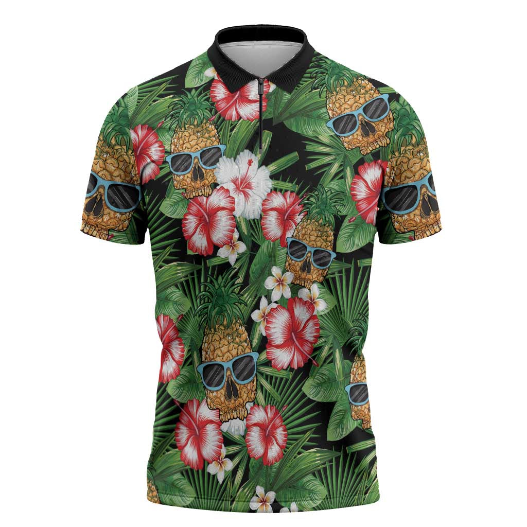 Pineapple Skull Aloha Hawaii Zipper Polo Shirt Summer Vibes Tropical Seamless Pattern - Polynesian Pride
