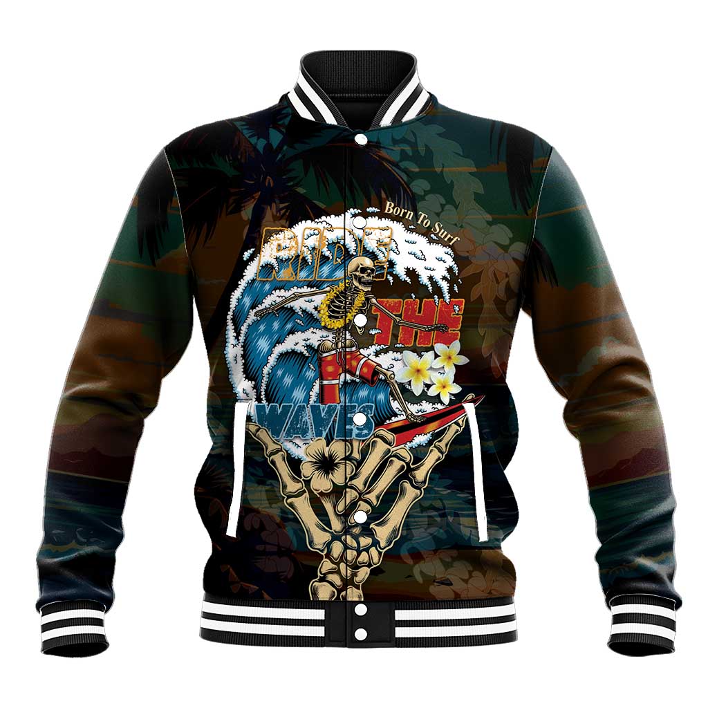 Aloha Hawaii Surfing Skull Baseball Jacket Shaka Skeleton Ride The Waves LT14 Unisex Black - Polynesian Pride