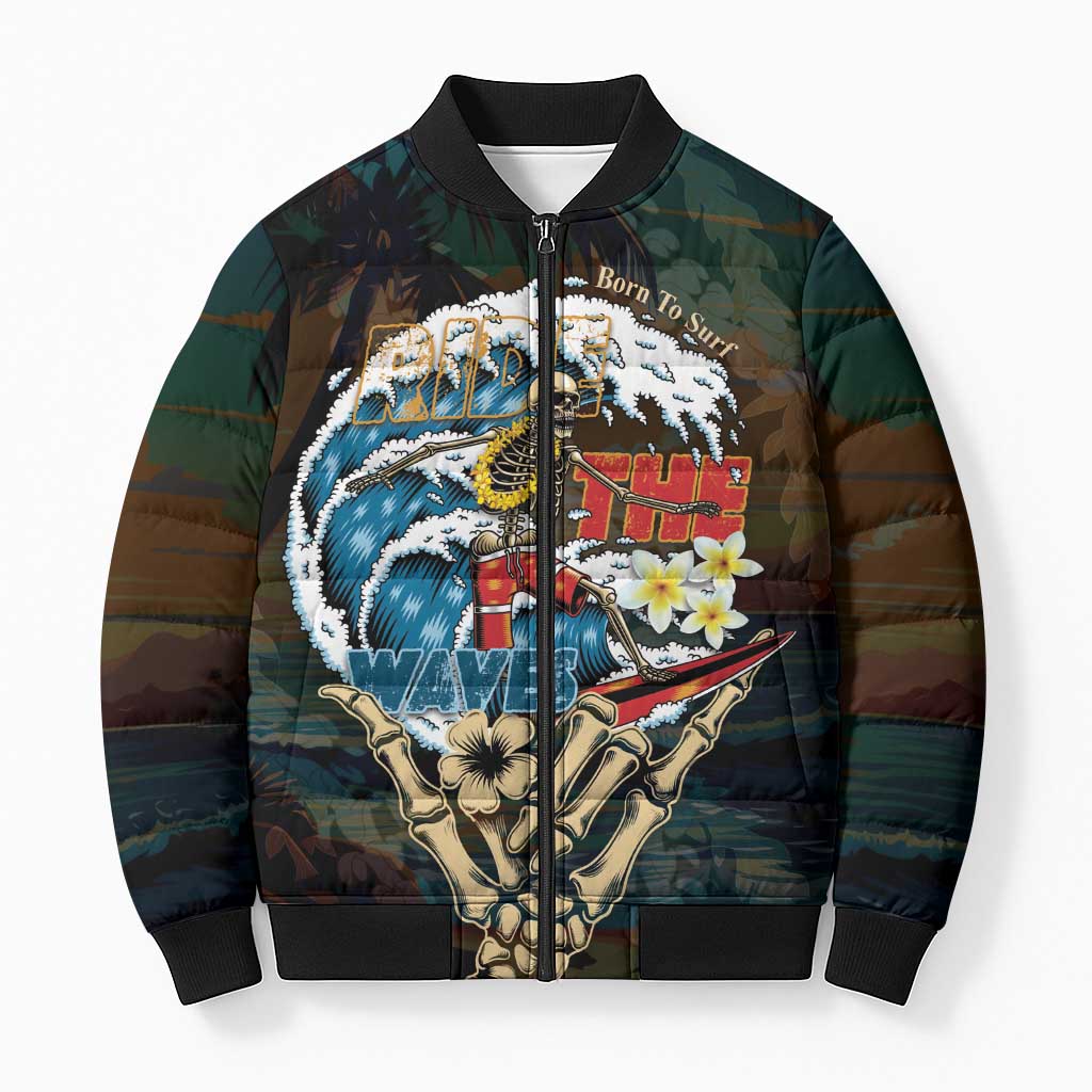 Aloha Hawaii Surfing Skull Bomber Puffer Jacket Shaka Skeleton Ride The Waves LT14 Unisex Black - Polynesian Pride