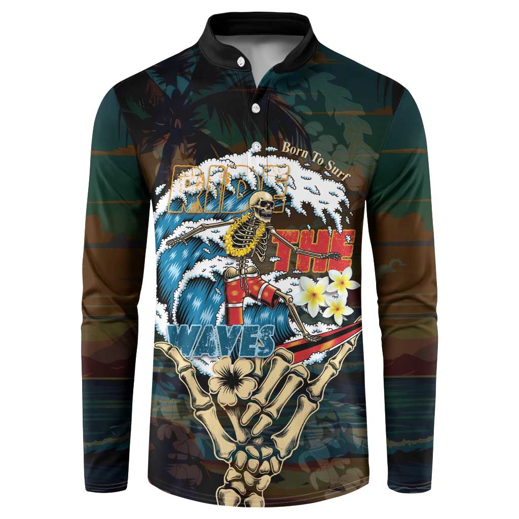 Aloha Hawaii Surfing Skull Button Sweatshirt Shaka Skeleton Ride The Waves LT14 Black - Polynesian Pride