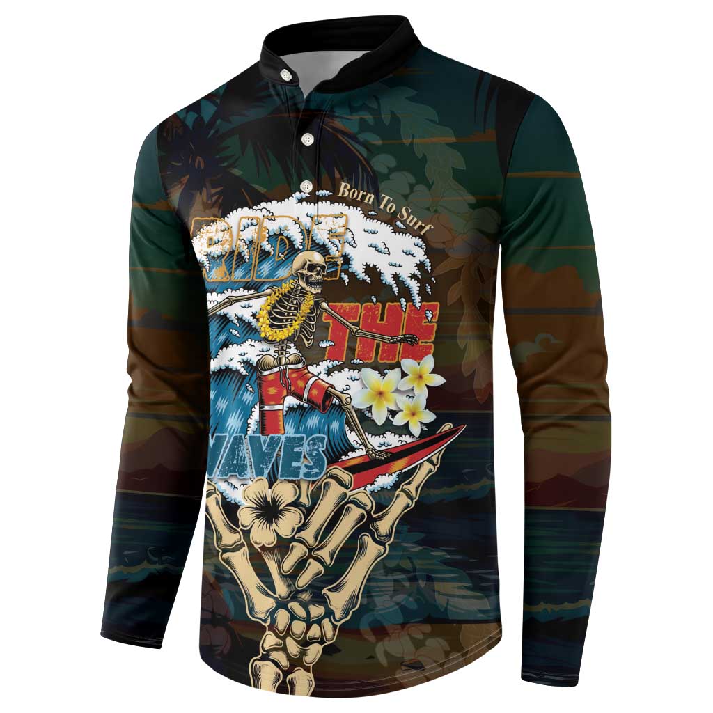 Aloha Hawaii Surfing Skull Button Sweatshirt Shaka Skeleton Ride The Waves LT14 - Polynesian Pride
