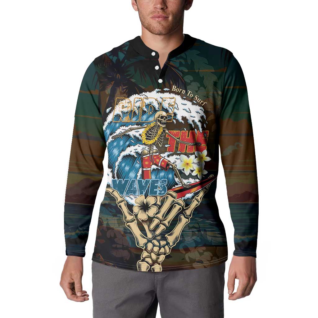 Aloha Hawaii Surfing Skull Button Sweatshirt Shaka Skeleton Ride The Waves LT14 - Polynesian Pride