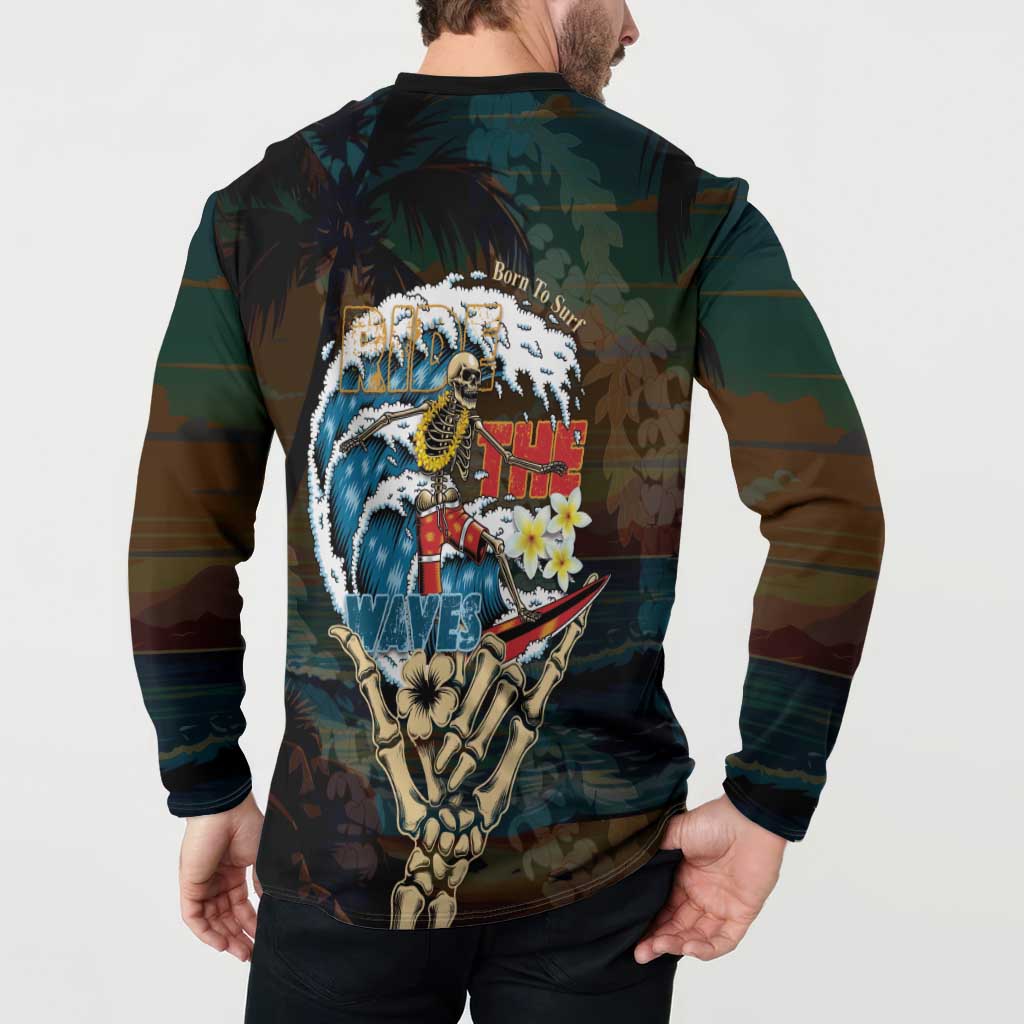 Aloha Hawaii Surfing Skull Button Sweatshirt Shaka Skeleton Ride The Waves LT14 - Polynesian Pride