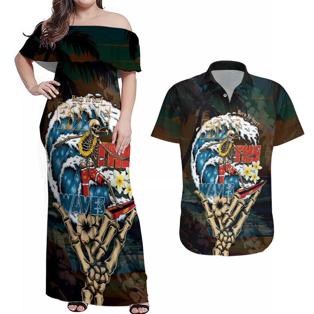 Aloha Hawaii Surfing Skull Couples Matching Off Shoulder Maxi Dress and Hawaiian Shirt Shaka Skeleton Ride The Waves - Polynesian Pride