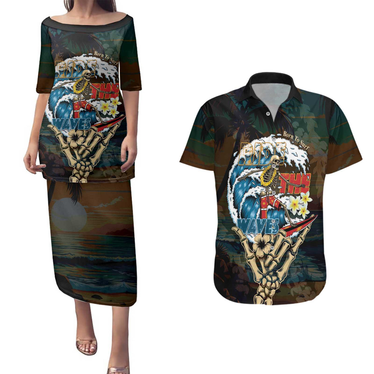 Aloha Hawaii Surfing Skull Couples Matching Puletasi and Hawaiian Shirt Shaka Skeleton Ride The Waves LT14 Black - Polynesian Pride
