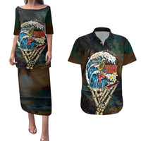 Aloha Hawaii Surfing Skull Couples Matching Puletasi and Hawaiian Shirt Shaka Skeleton Ride The Waves LT14 Black - Polynesian Pride