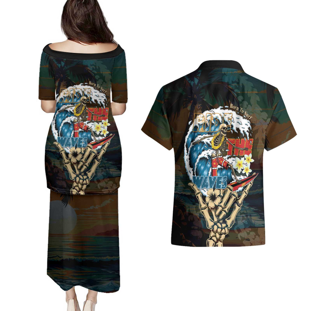 Aloha Hawaii Surfing Skull Couples Matching Puletasi and Hawaiian Shirt Shaka Skeleton Ride The Waves LT14 - Polynesian Pride
