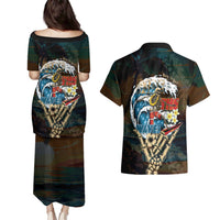 Aloha Hawaii Surfing Skull Couples Matching Puletasi and Hawaiian Shirt Shaka Skeleton Ride The Waves LT14 - Polynesian Pride