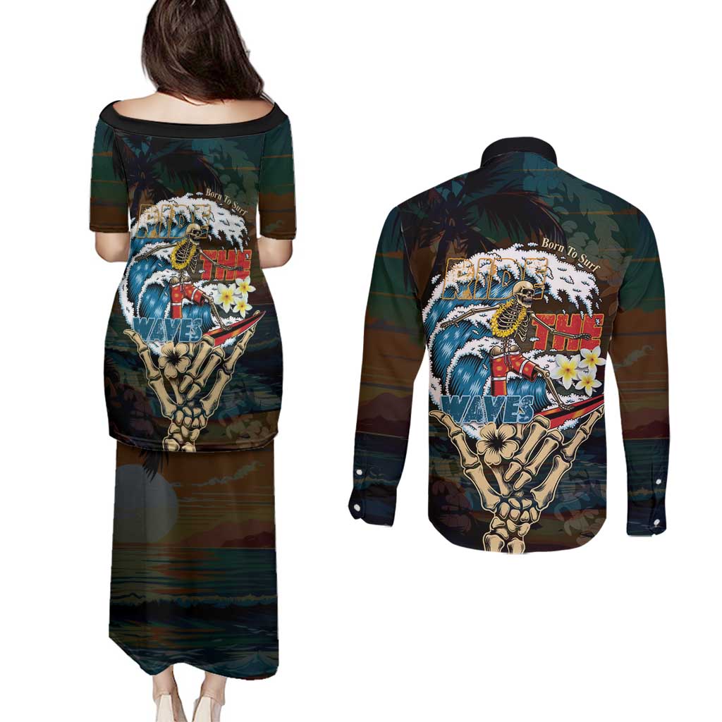 Aloha Hawaii Surfing Skull Couples Matching Puletasi and Long Sleeve Button Shirt Shaka Skeleton Ride The Waves LT14 - Polynesian Pride