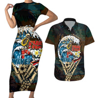 Aloha Hawaii Surfing Skull Couples Matching Short Sleeve Bodycon Dress and Hawaiian Shirt Shaka Skeleton Ride The Waves - Polynesian Pride