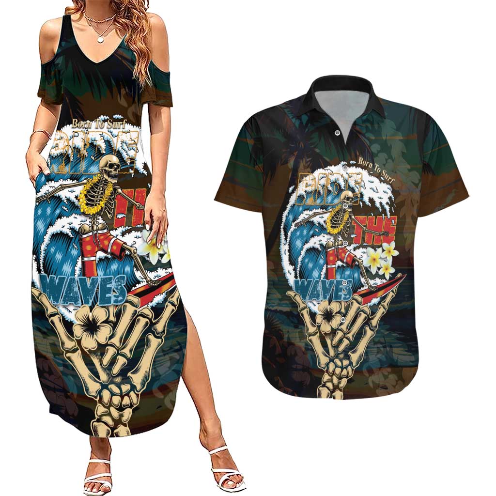 Aloha Hawaii Surfing Skull Couples Matching Summer Maxi Dress and Hawaiian Shirt Shaka Skeleton Ride The Waves - Polynesian Pride