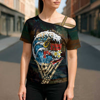 Aloha Hawaii Surfing Skull Cross Shoulder Shirt Shaka Skeleton Ride The Waves LT14 - Polynesian Pride