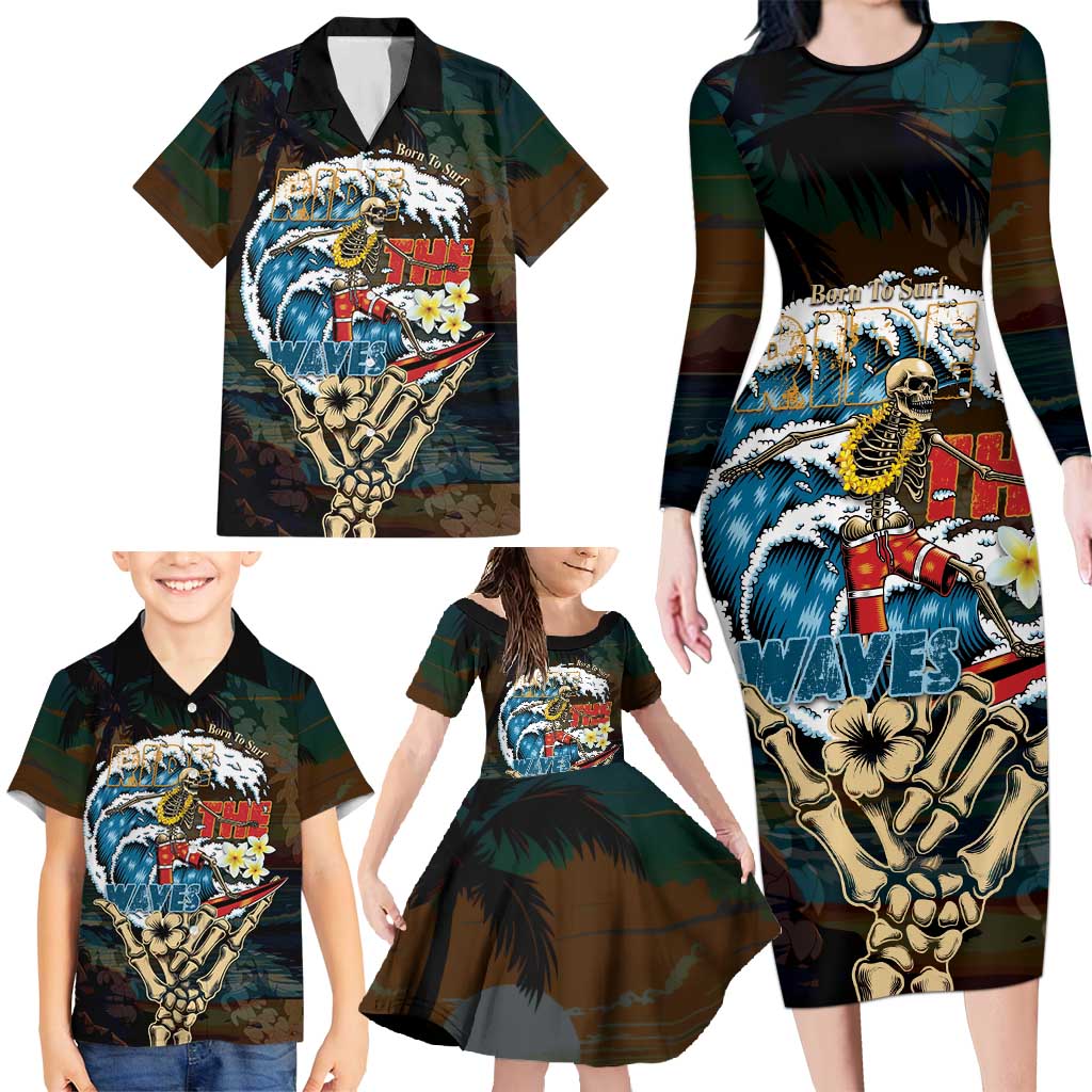 Aloha Hawaii Surfing Skull Family Matching Long Sleeve Bodycon Dress and Hawaiian Shirt Shaka Skeleton Ride The Waves - Polynesian Pride
