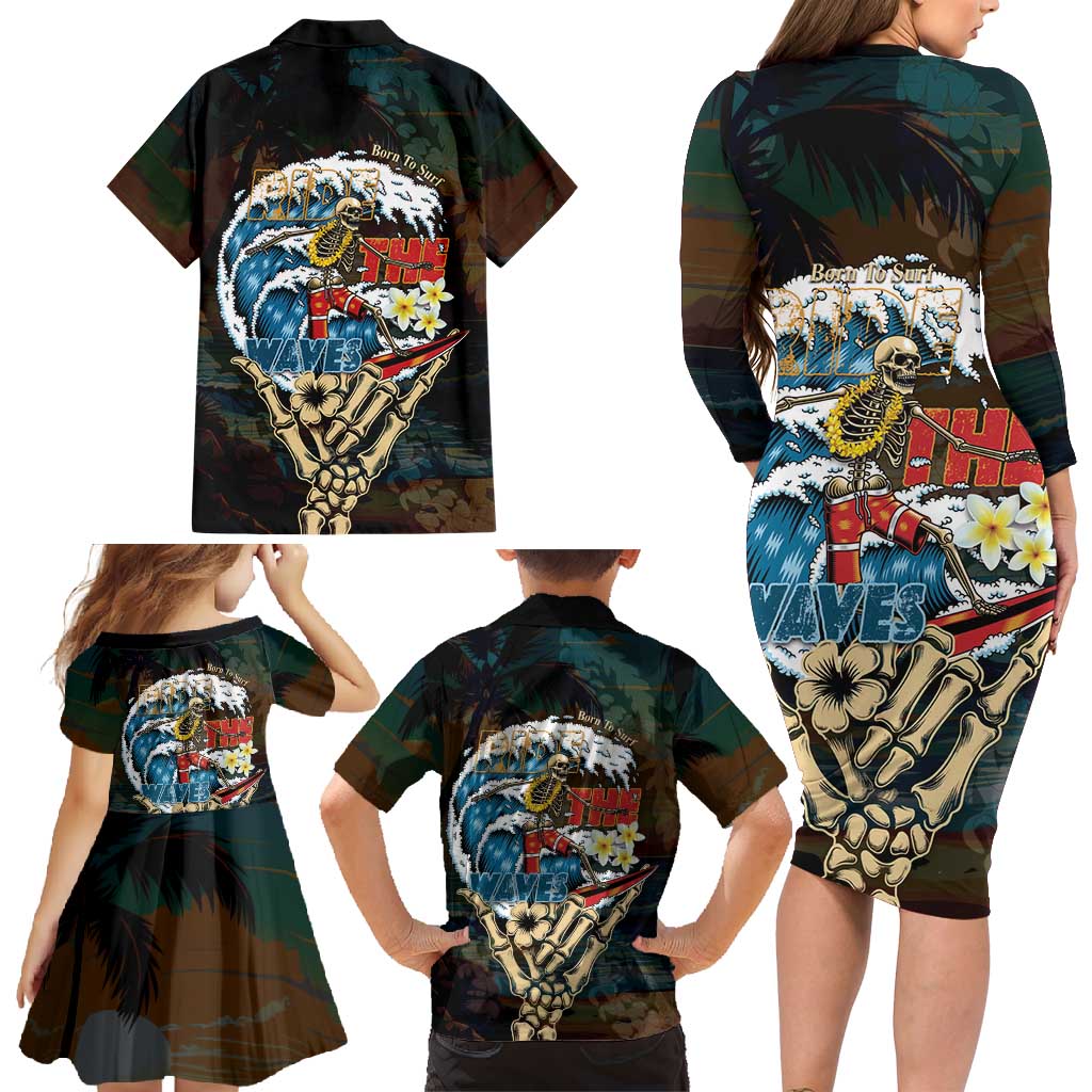 Aloha Hawaii Surfing Skull Family Matching Long Sleeve Bodycon Dress and Hawaiian Shirt Shaka Skeleton Ride The Waves - Polynesian Pride