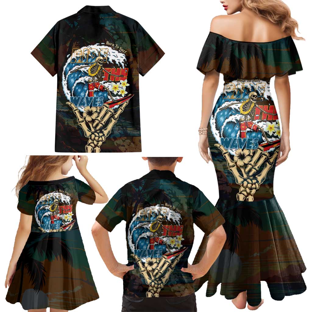 Aloha Hawaii Surfing Skull Family Matching Mermaid Dress and Hawaiian Shirt Shaka Skeleton Ride The Waves - Polynesian Pride