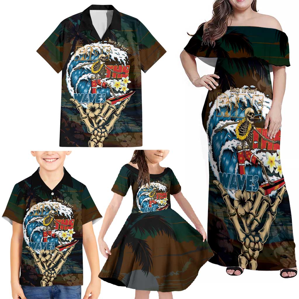 Aloha Hawaii Surfing Skull Family Matching Off Shoulder Maxi Dress and Hawaiian Shirt Shaka Skeleton Ride The Waves - Polynesian Pride
