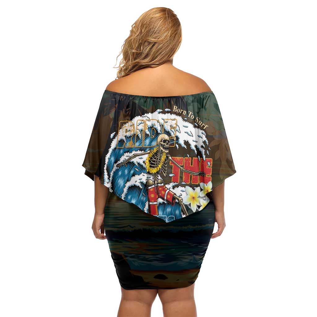 Aloha Hawaii Surfing Skull Family Matching Off Shoulder Short Dress and Hawaiian Shirt Shaka Skeleton Ride The Waves - Polynesian Pride