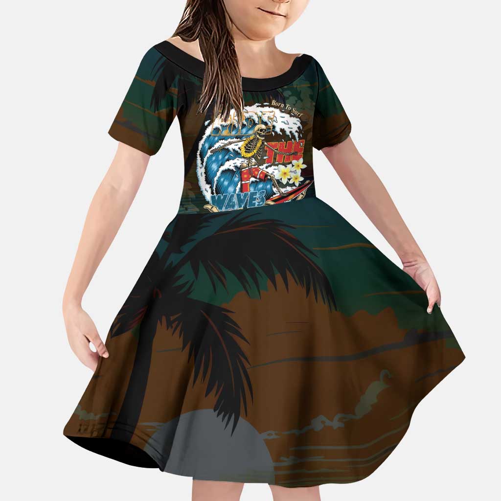 Aloha Hawaii Surfing Skull Family Matching Puletasi and Hawaiian Shirt Shaka Skeleton Ride The Waves LT14 Daughter's Dress Black - Polynesian Pride