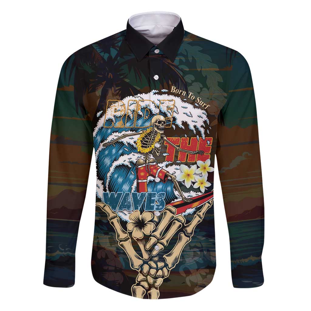 Aloha Hawaii Surfing Skull Family Matching Puletasi and Hawaiian Shirt Shaka Skeleton Ride The Waves LT14 Dad's Shirt - Long Sleeve Black - Polynesian Pride