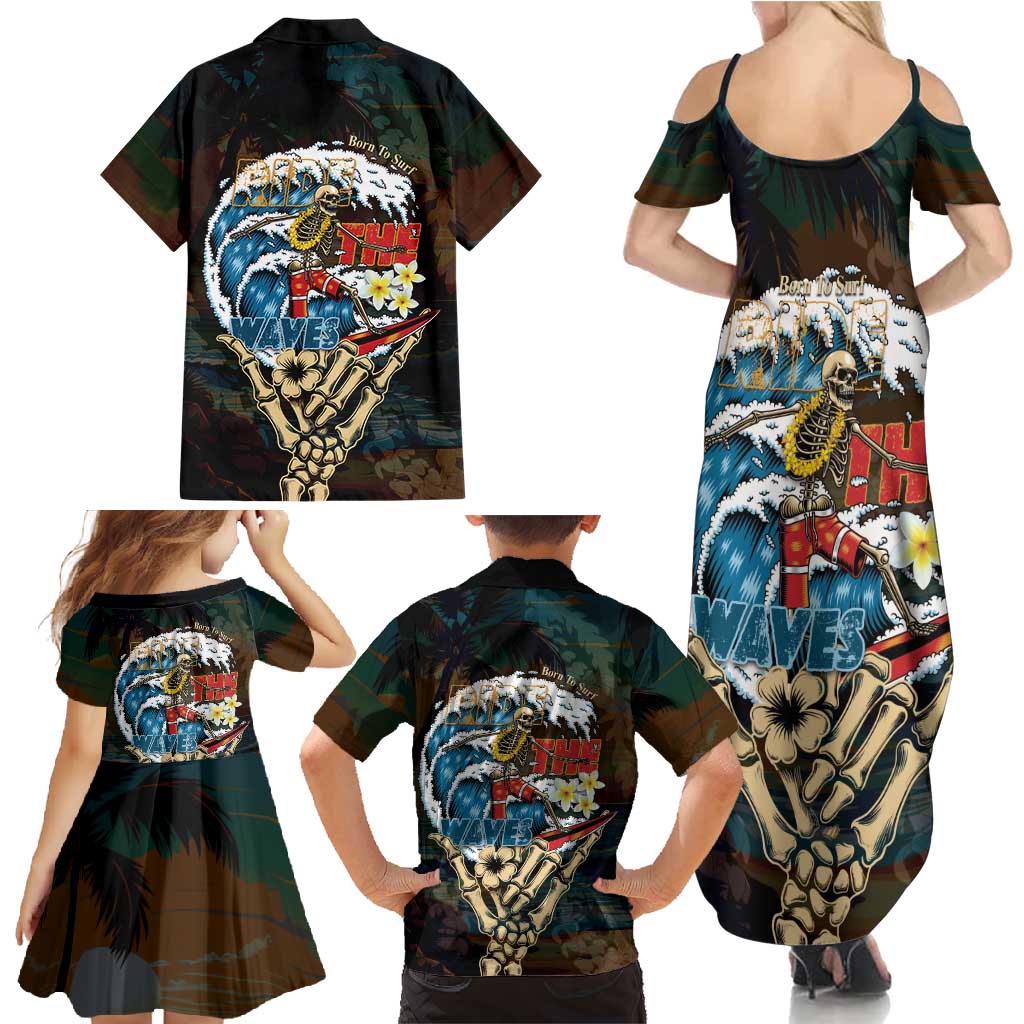 Aloha Hawaii Surfing Skull Family Matching Summer Maxi Dress and Hawaiian Shirt Shaka Skeleton Ride The Waves - Polynesian Pride