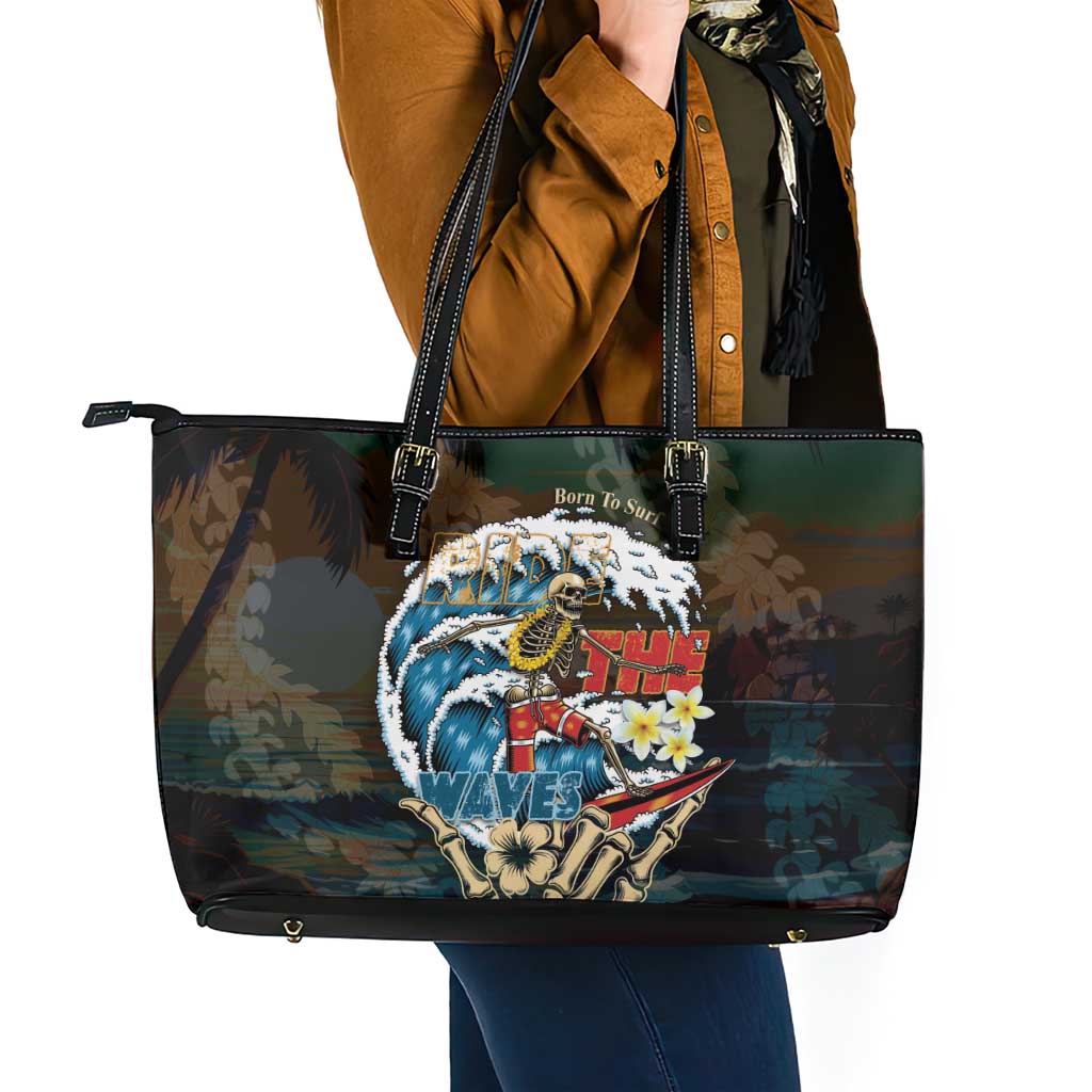 Aloha Hawaii Surfing Skull Leather Tote Bag Shaka Skeleton Ride The Waves - Polynesian Pride
