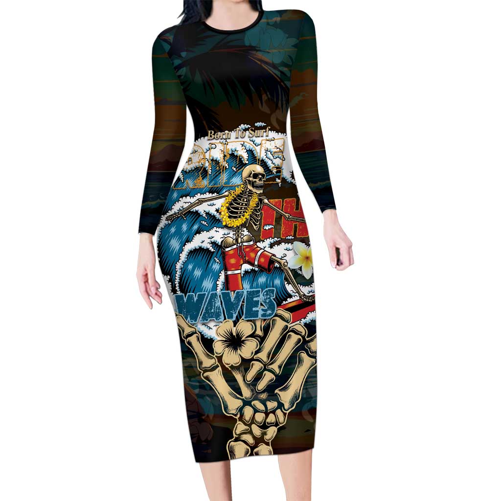 Aloha Hawaii Surfing Skull Long Sleeve Bodycon Dress Shaka Skeleton Ride The Waves - Polynesian Pride