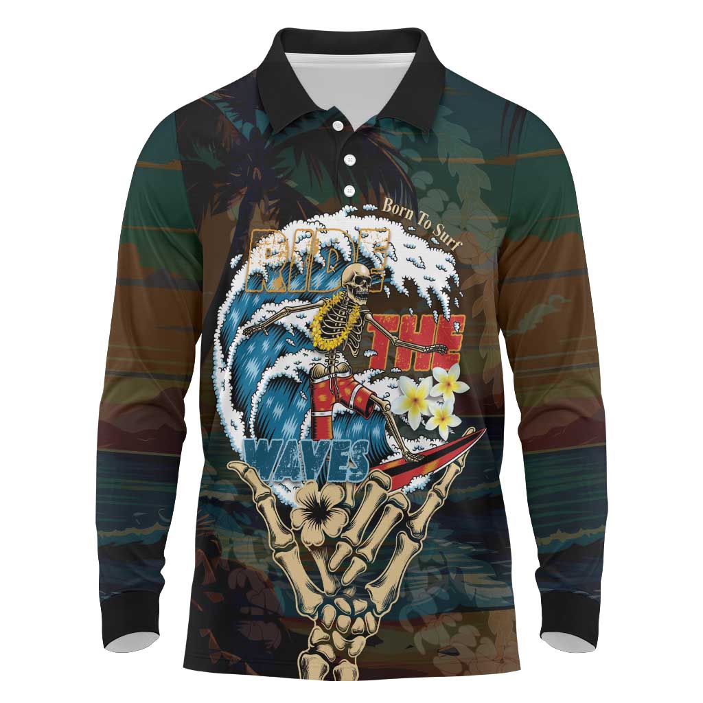 Aloha Hawaii Surfing Skull Long Sleeve Polo Shirt Shaka Skeleton Ride The Waves LT14 Black - Polynesian Pride