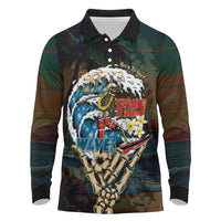 Aloha Hawaii Surfing Skull Long Sleeve Polo Shirt Shaka Skeleton Ride The Waves LT14 Black - Polynesian Pride