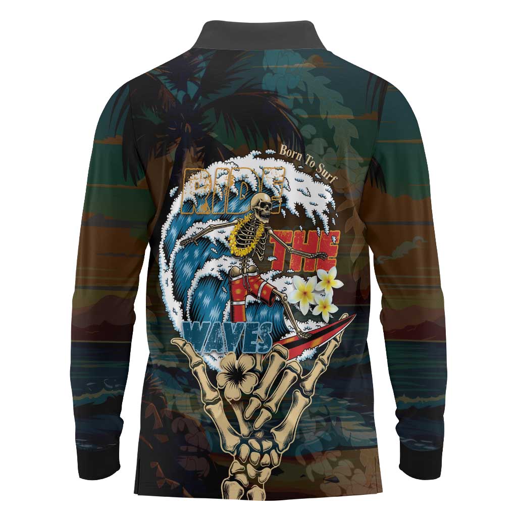 Aloha Hawaii Surfing Skull Long Sleeve Polo Shirt Shaka Skeleton Ride The Waves LT14 - Polynesian Pride