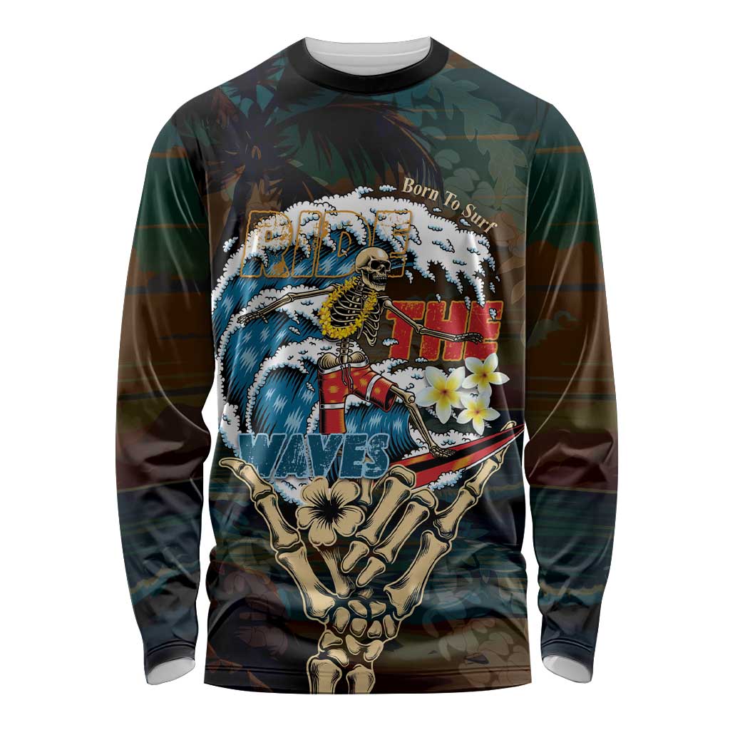 Aloha Hawaii Surfing Skull Long Sleeve Shirt Shaka Skeleton Ride The Waves LT14 Unisex Black - Polynesian Pride