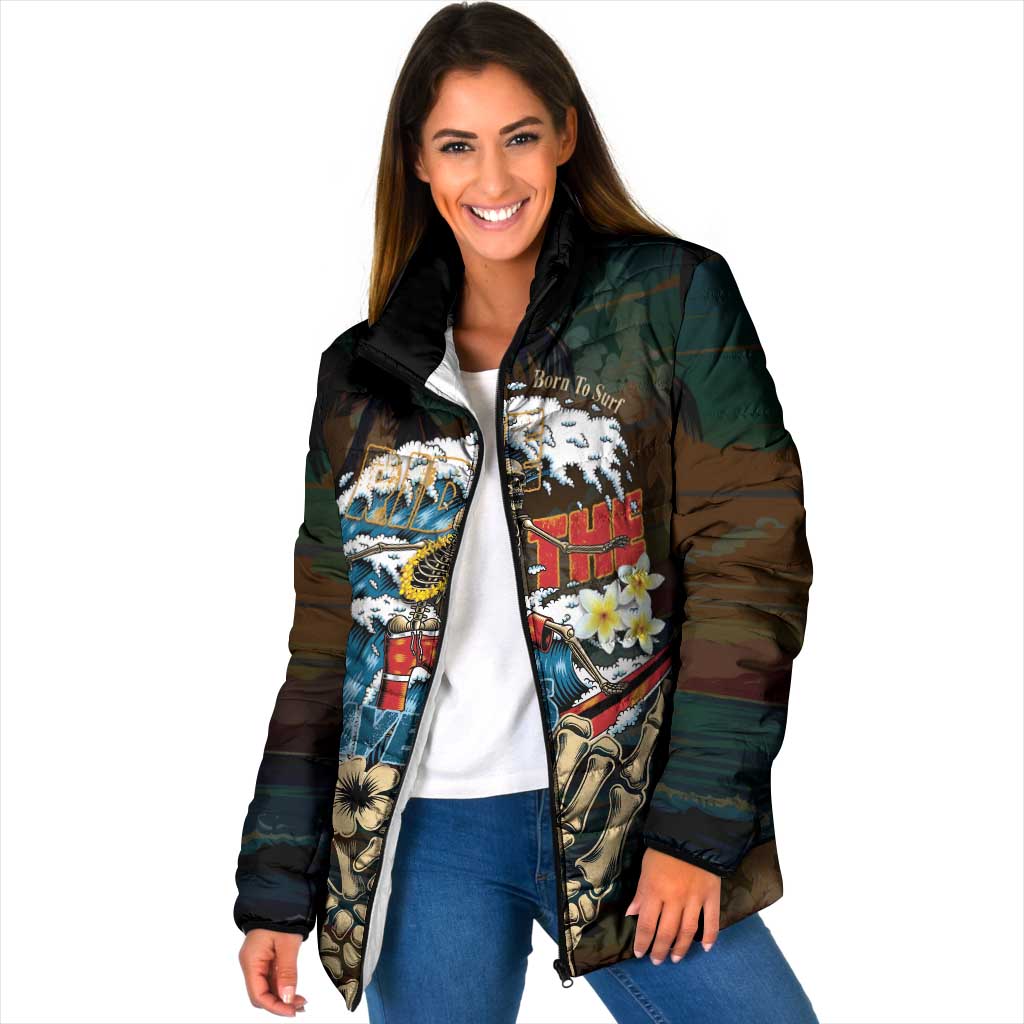 Aloha Hawaii Surfing Skull Padded Jacket Shaka Skeleton Ride The Waves LT14 Women Black - Polynesian Pride