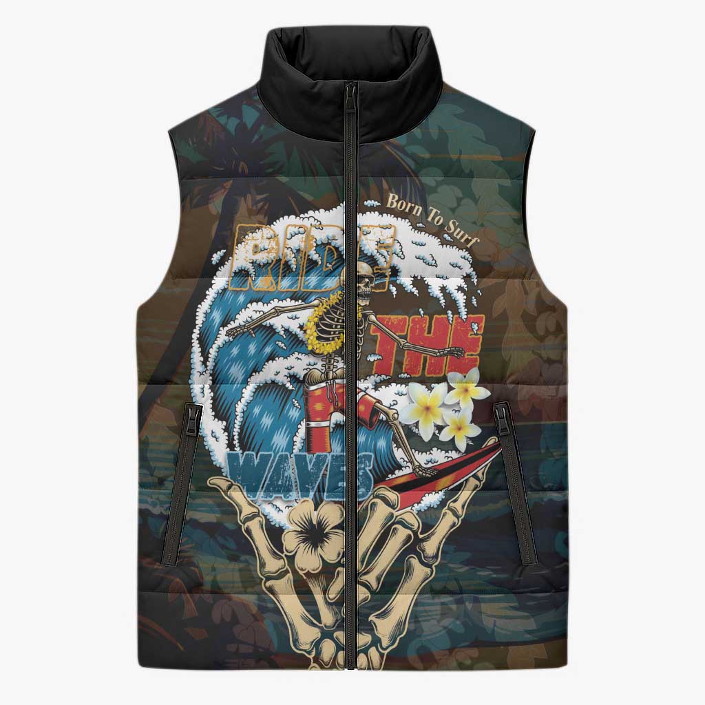 Aloha Hawaii Surfing Skull Sleeveless Puffer Jacket Shaka Skeleton Ride The Waves LT14 Unisex Black - Polynesian Pride
