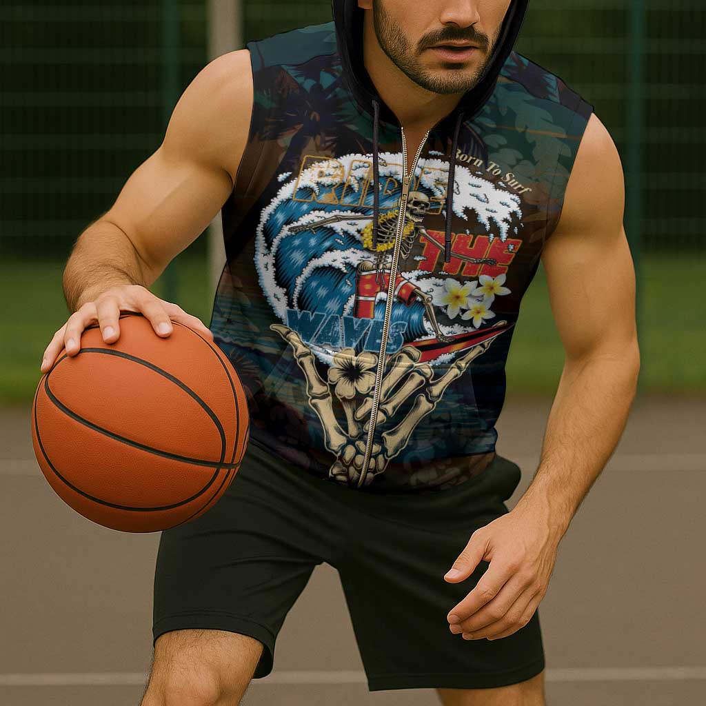 Aloha Hawaii Surfing Skull Sleeveless Zip Hoodie Shaka Skeleton Ride The Waves - Polynesian Pride