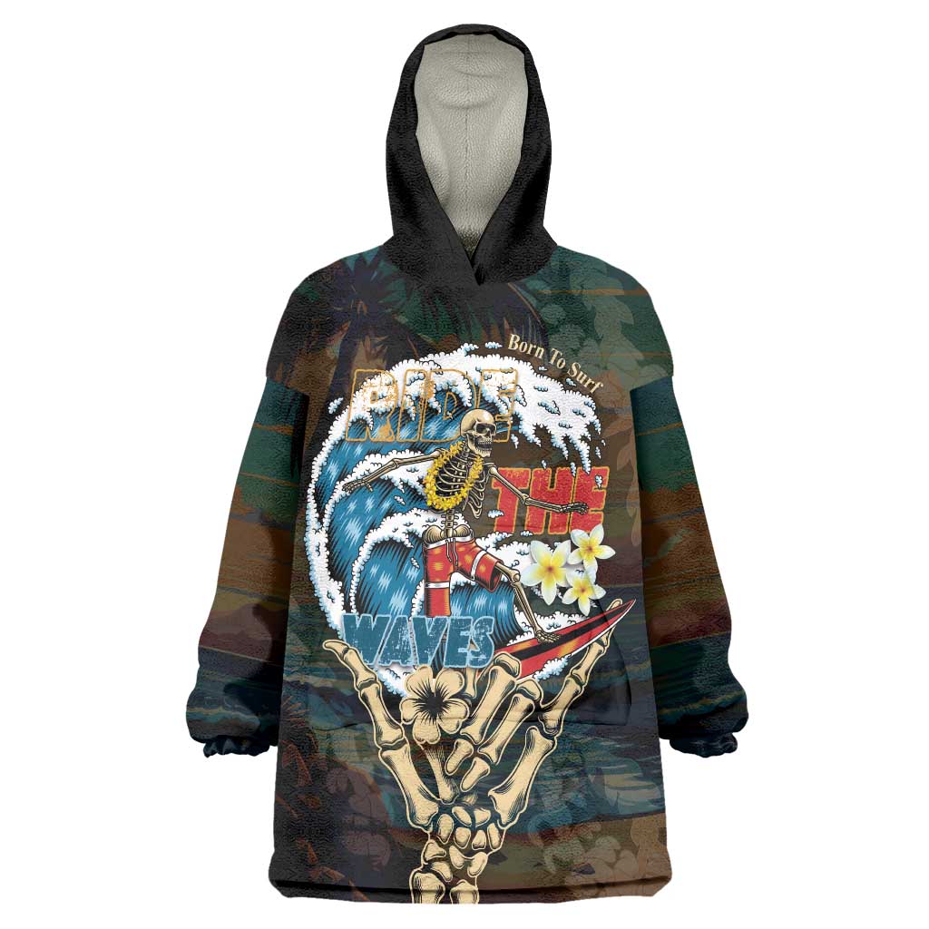Aloha Hawaii Surfing Skull Wearable Blanket Hoodie Shaka Skeleton Ride The Waves LT14 One Size Black - Polynesian Pride