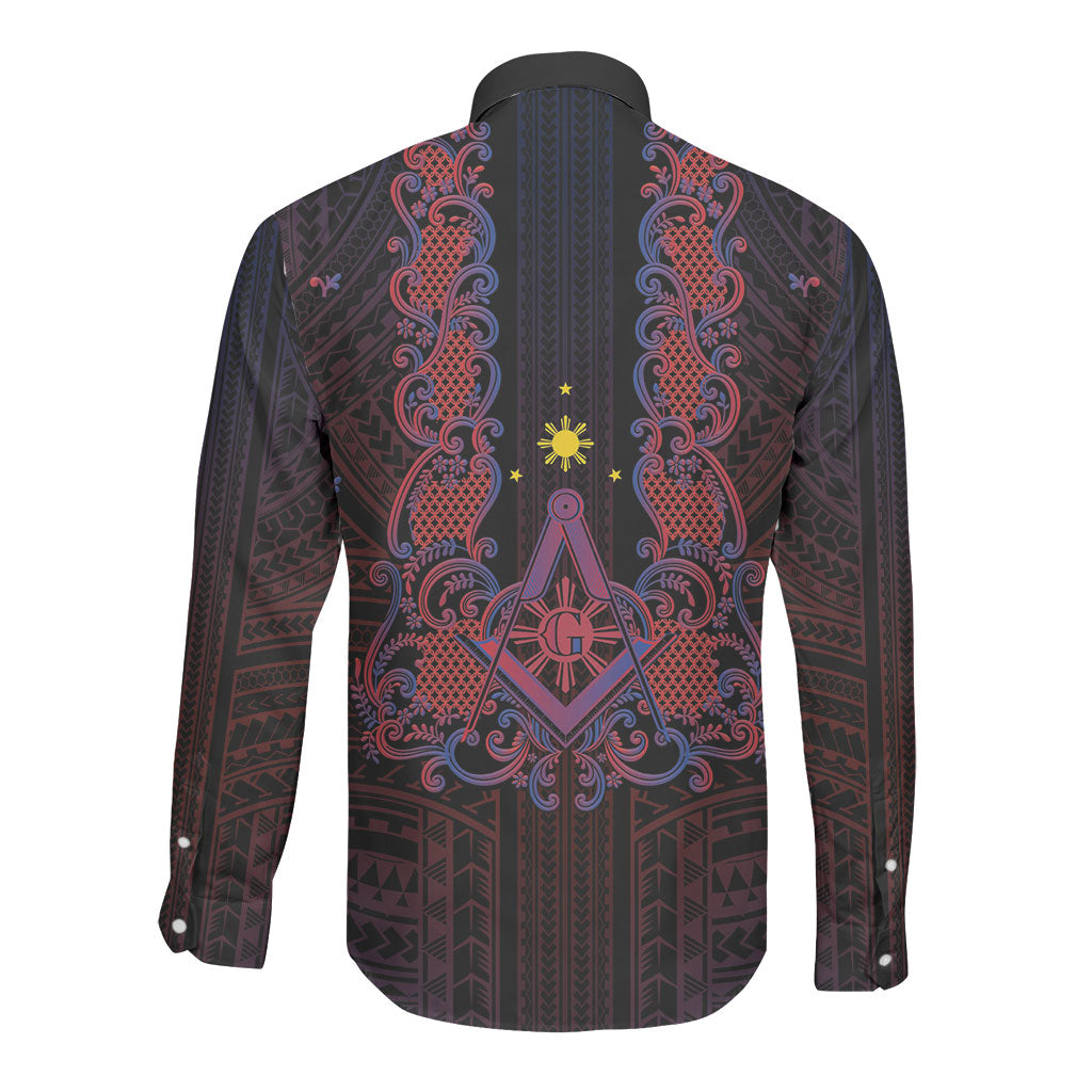 Personalised Philippines Barong Tagalog Freemasonry Long Sleeve Button Shirt Filipino Masonic Polynesian Pattern LT14 - Polynesian Pride