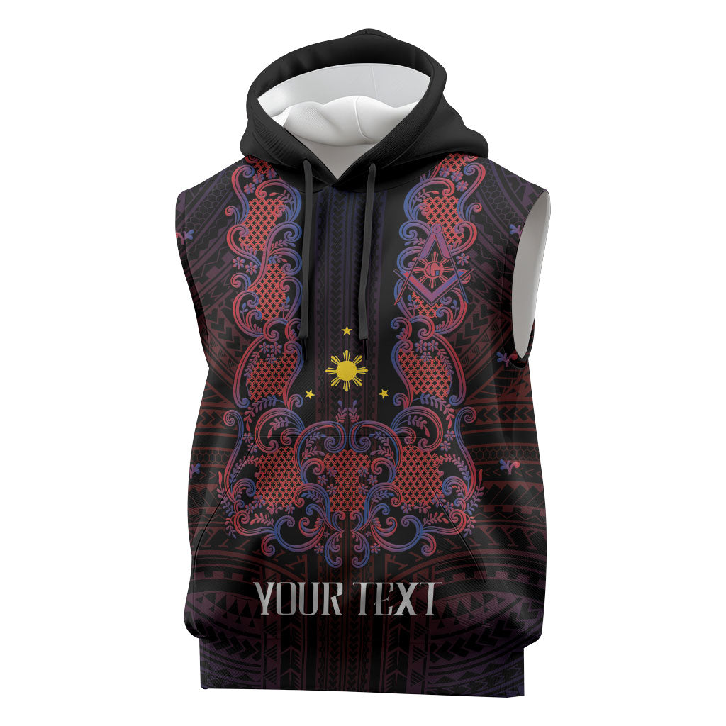Personalised Philippines Barong Tagalog Freemasonry Sleeveless Hoodie Filipino Masonic Polynesian Pattern LT14 Black - Polynesian Pride