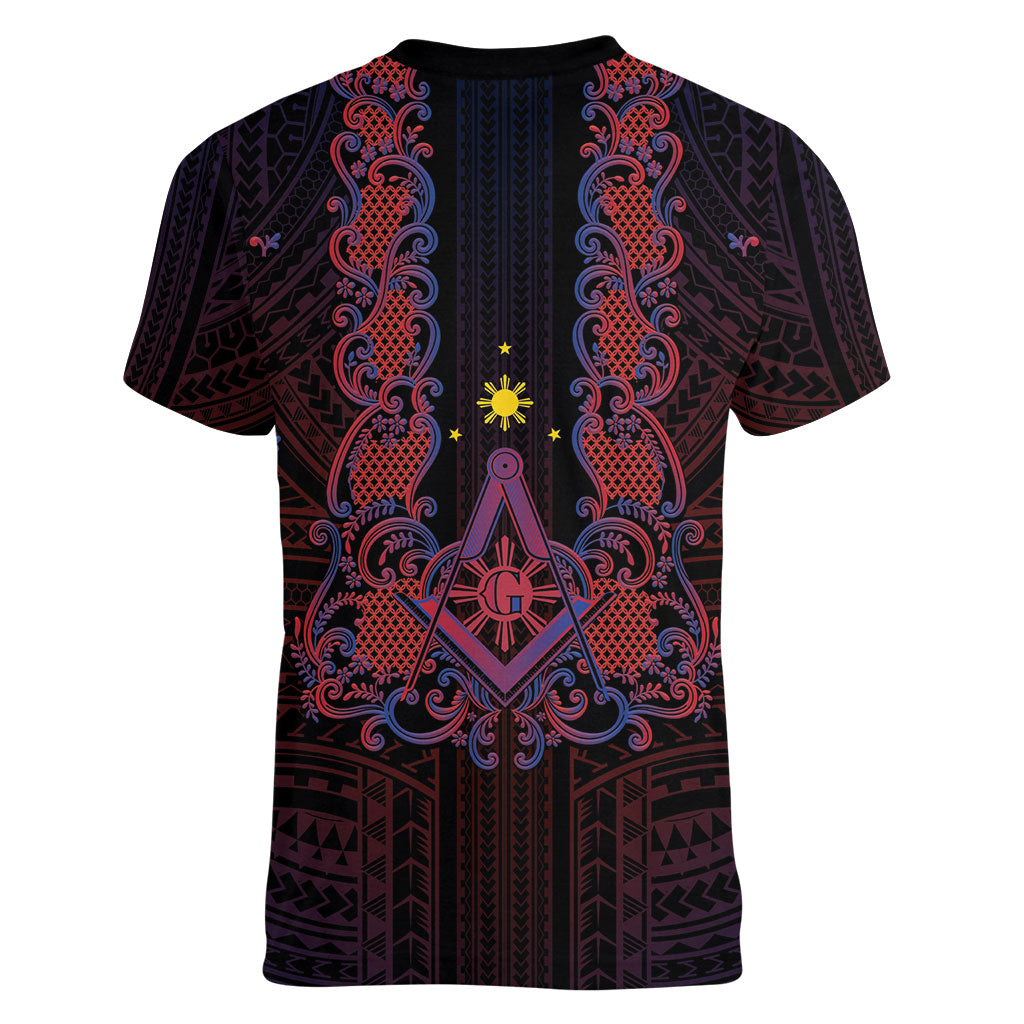 Personalised Philippines Barong Tagalog Freemasonry Women V-Neck T-Shirt Filipino Masonic Polynesian Pattern LT14 - Polynesian Pride