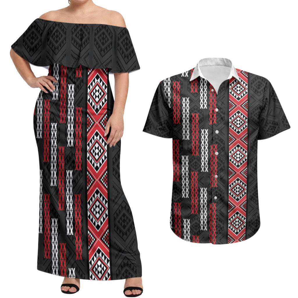 Roimata Toroa Maori Taniko Inspired New Zealand Couples Matching Off Shoulder Maxi Dress and Hawaiian Shirt LT14 Black - Polynesian Pride