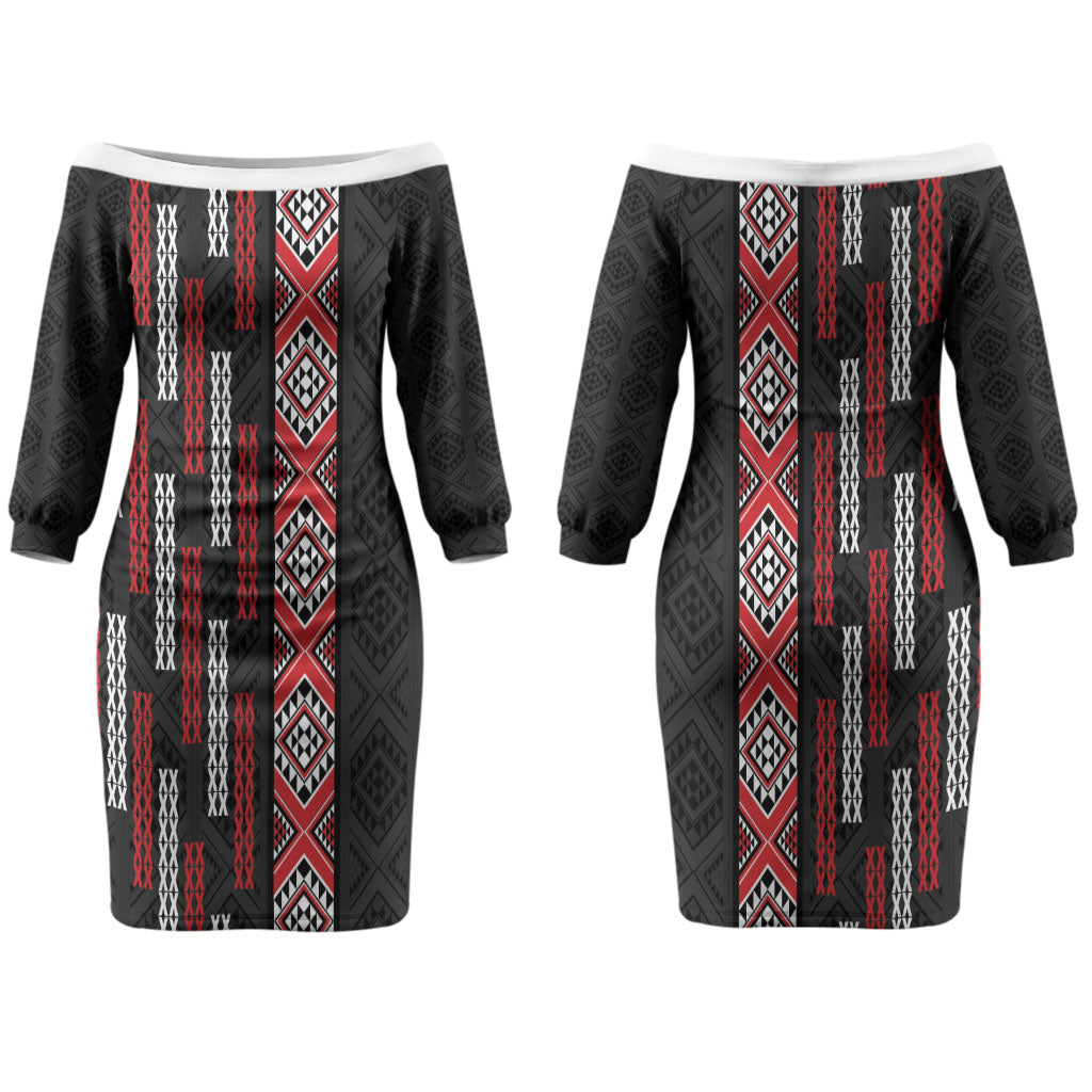 Roimata Toroa Maori Taniko Inspired New Zealand Couples Matching Off The Shoulder Long Sleeve Dress and Hawaiian Shirt LT14 - Polynesian Pride