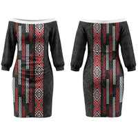 Roimata Toroa Maori Taniko Inspired New Zealand Family Matching Off The Shoulder Long Sleeve Dress and Hawaiian Shirt LT14 Mom's Dress Black - Polynesian Pride