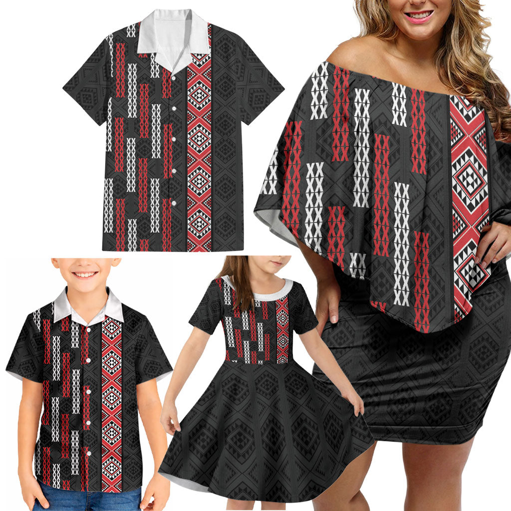 Roimata Toroa Maori Taniko Inspired New Zealand Family Matching Off Shoulder Short Dress and Hawaiian Shirt LT14 - Polynesian Pride