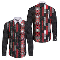 Roimata Toroa Maori Taniko Inspired New Zealand Family Matching Tank Maxi Dress and Hawaiian Shirt LT14 Dad's Shirt - Long Sleeve Black - Polynesian Pride