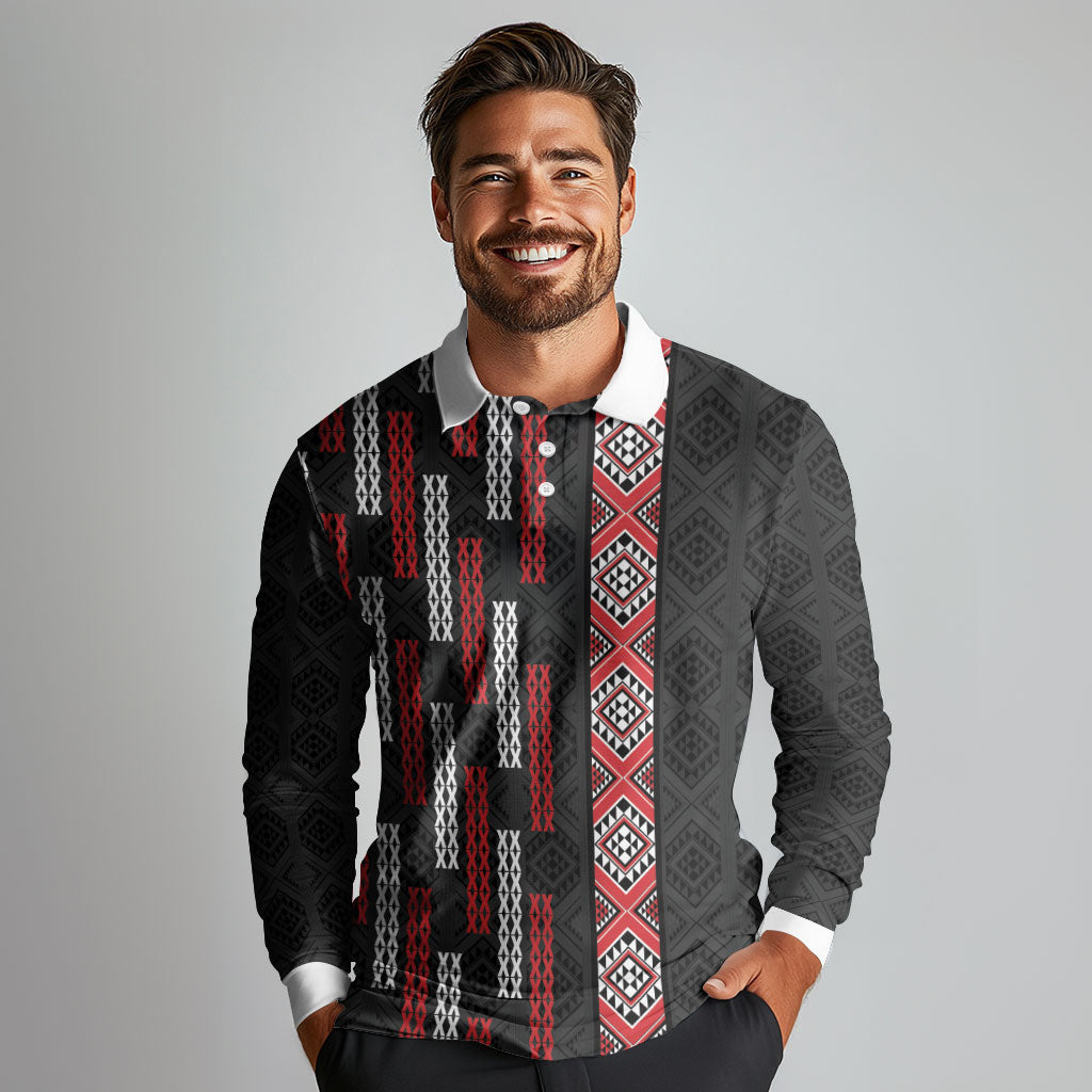 Roimata Toroa Maori Taniko Inspired New Zealand Long Sleeve Polo Shirt LT14 - Polynesian Pride