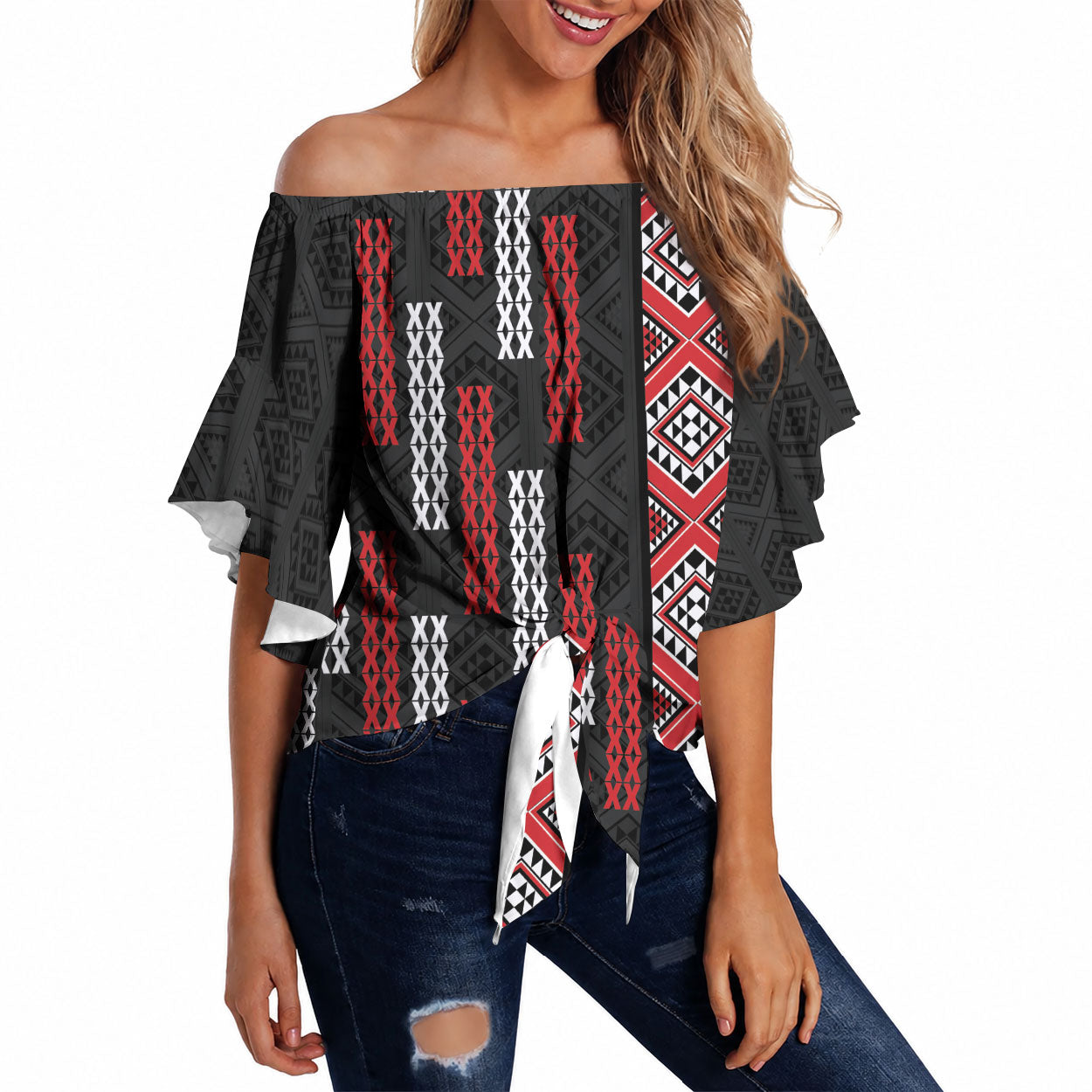 Roimata Toroa Maori Taniko Inspired New Zealand Off Shoulder Wrap Waist Top
