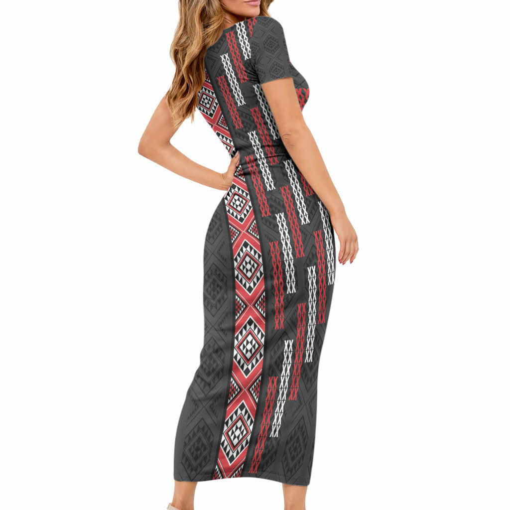 Roimata Toroa Maori Taniko Inspired New Zealand Short Sleeve Bodycon Dress LT14 - Polynesian Pride